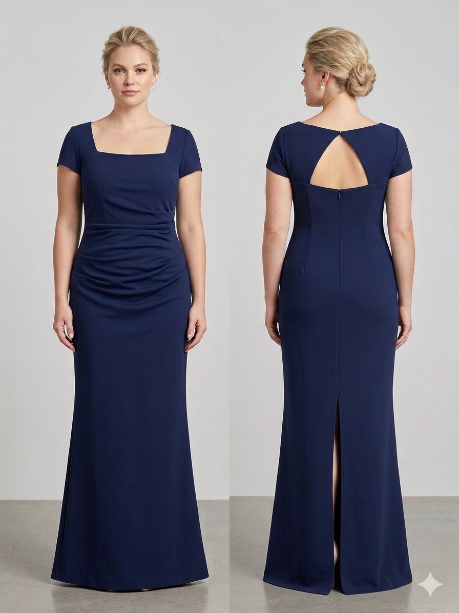 Betsy & Adam Navy Square-Neck Ruched Maxi Dress